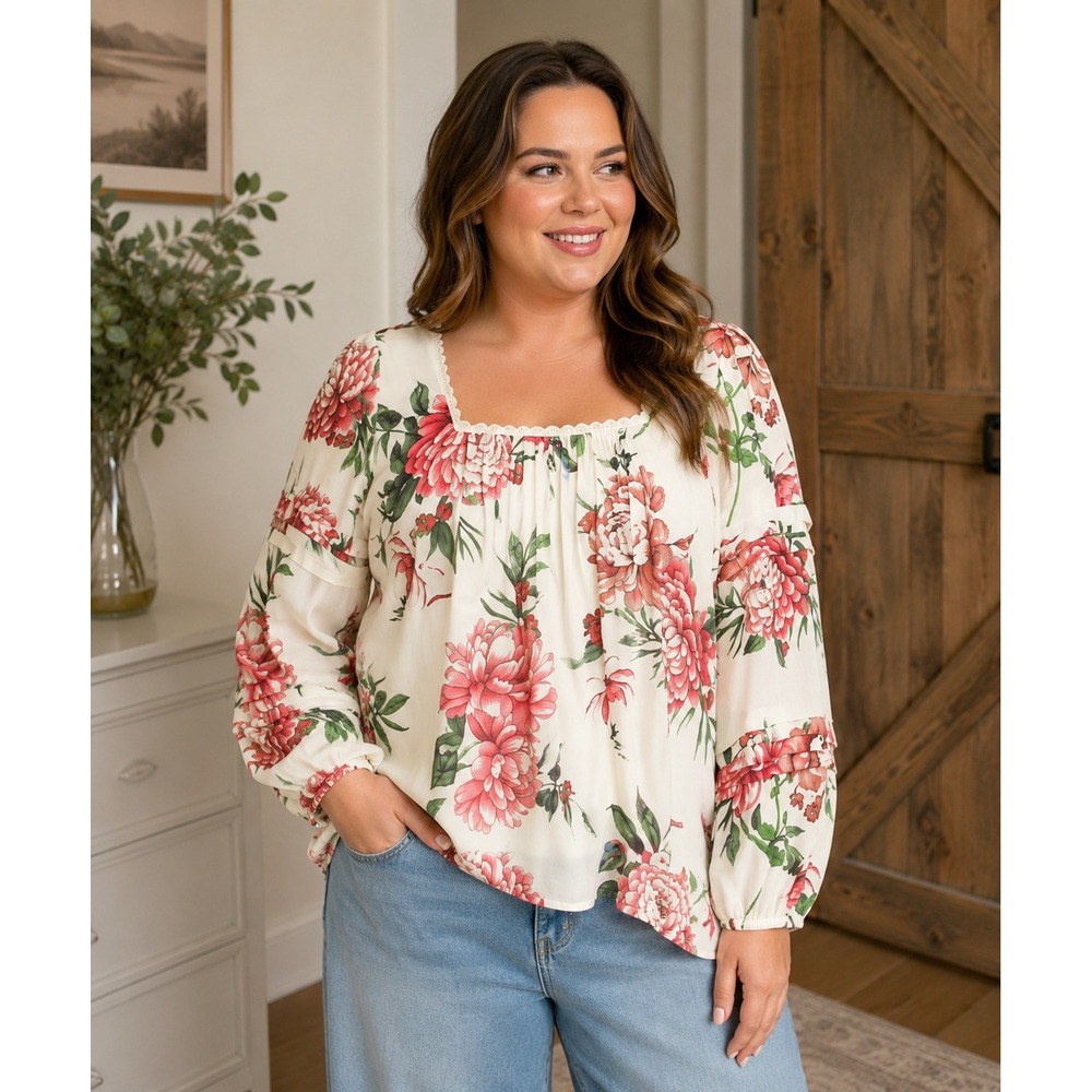 Lands End Floral Bird Print Blouse XL 18 Cream Pink Square Neck Balloon Sleeve